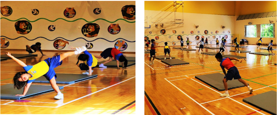 Children in blue and red uniforms exercise on gym mats in a colorful indoor sports hall.